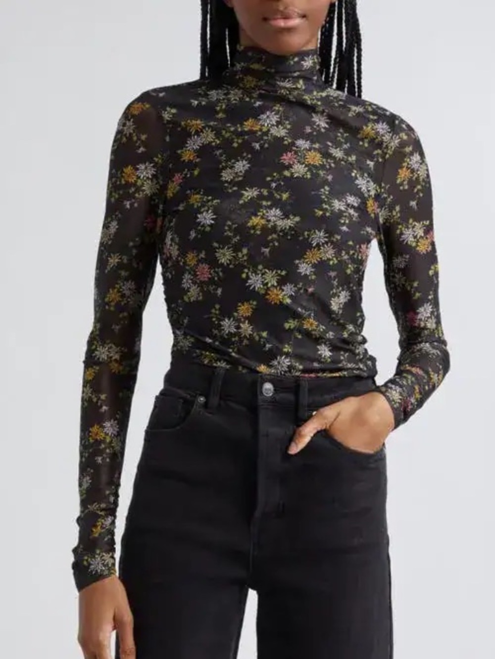 Cinq à Sept Floating Daisies Mesh Top Shirred Mock Neck Floral Women Size M